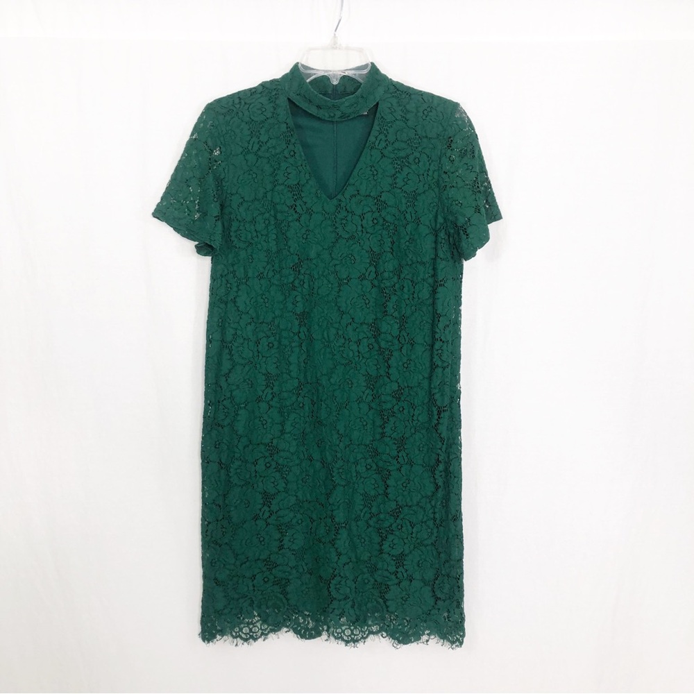 Sharagano Lace Overlay V-Neck with Choker Above Knee Party Dress, Size 6, Green